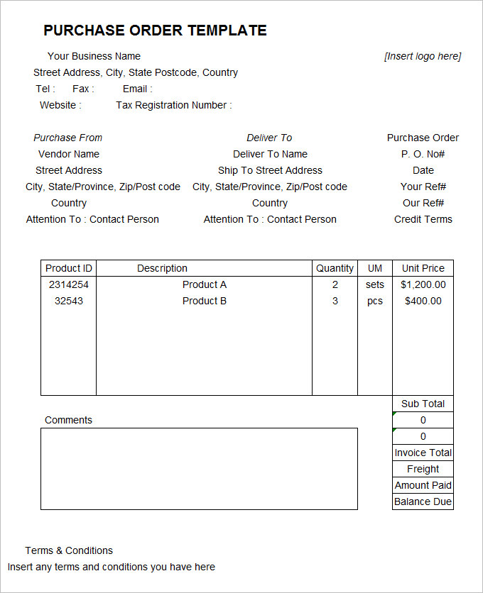 sample purchase order form template