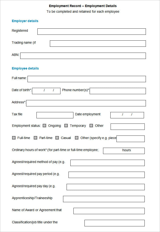 sample record of employee details template