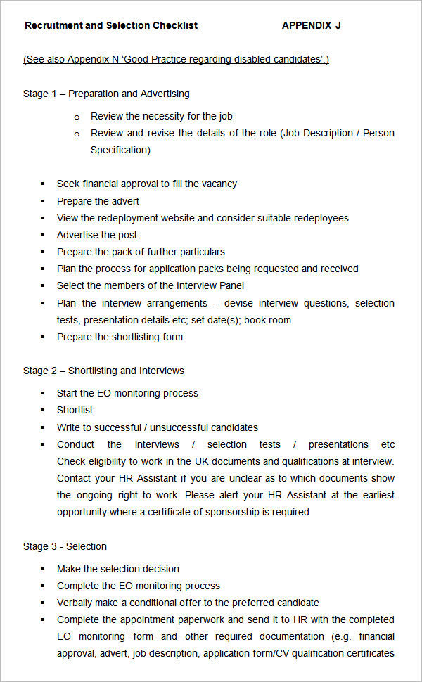 sample recruitment and selection checklist