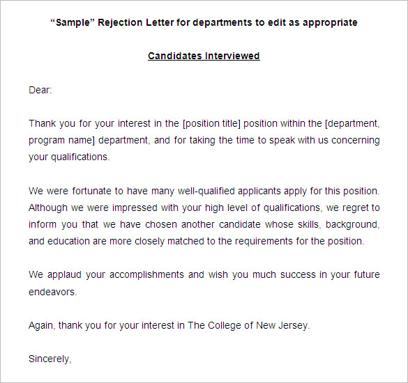 sample rejection letter candidates interviewed