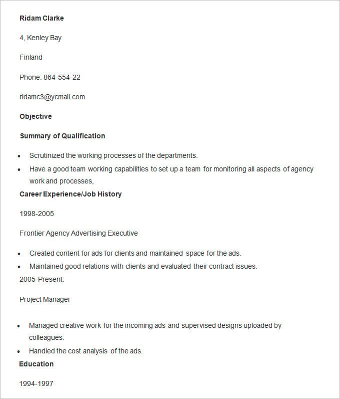 sample resume for advertising executive