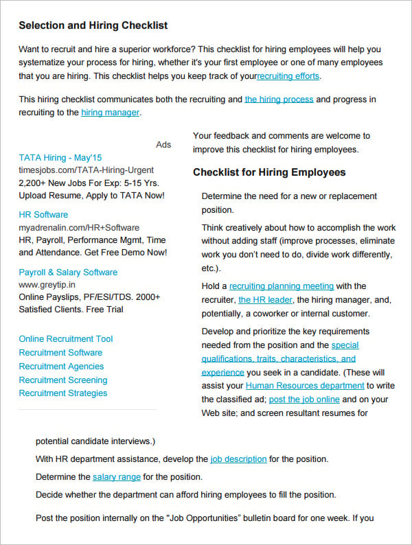 sample selection and hiring checklist