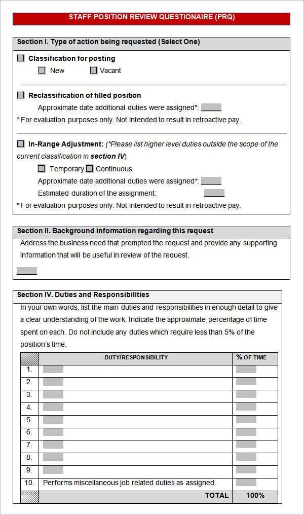 sample staff position review questionnaire