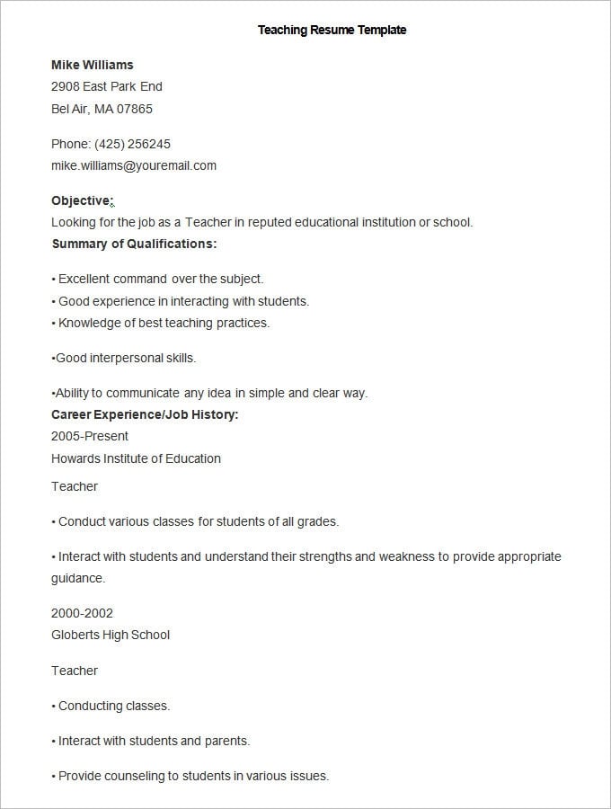 sample teaching resume template
