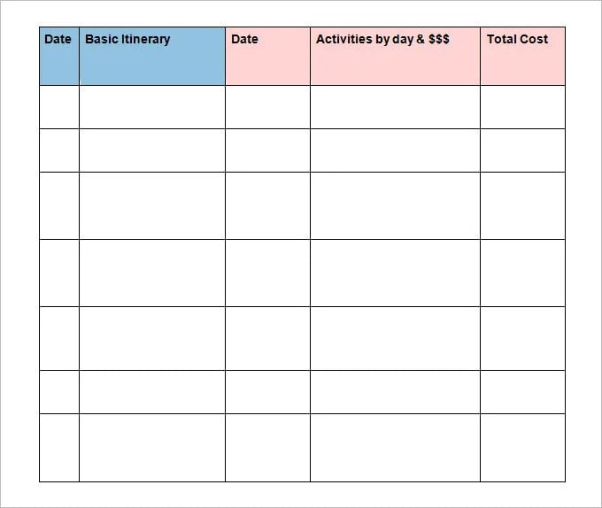 Free Travel Itinerary Template Excel ~ Excel Templates