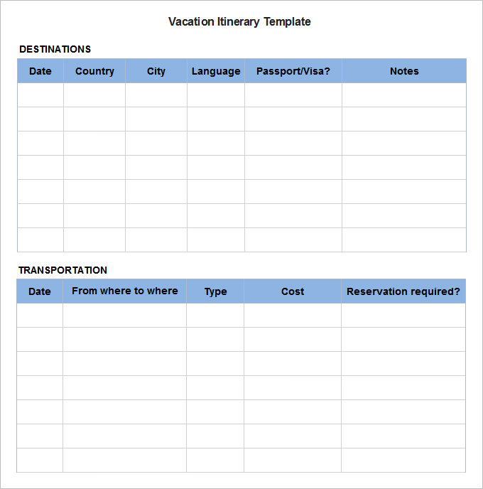 sample vacation itinerary template free download