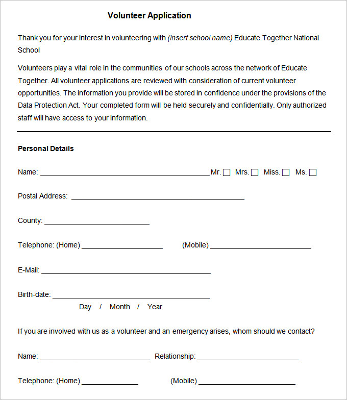 for sample application form volunteers PDF  Free   Template Application   10 Volunteer Word,