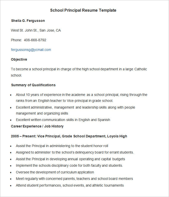 school principal resume template