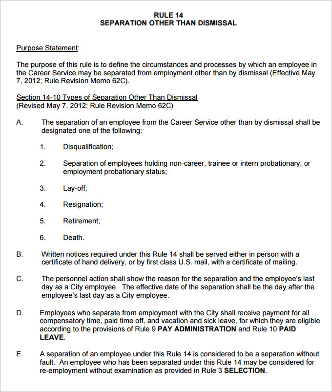 separation other than dismissal hr rule template