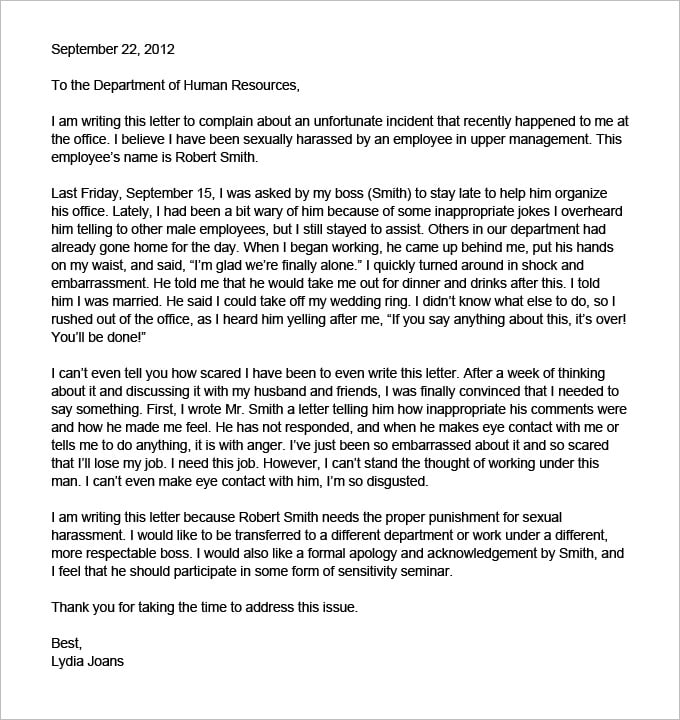 sexual harassment letter of complaint