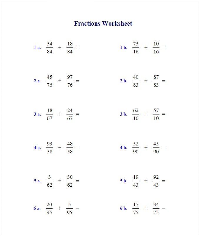 simple fractions adding worksheet template