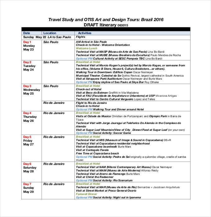 sample tour itinerary format