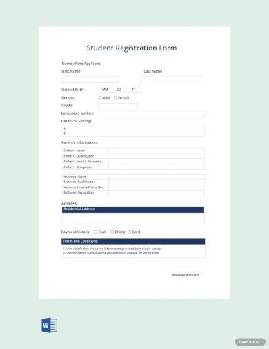 student registration form template