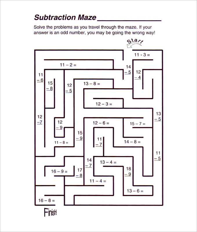 subtraction maze fun math worksheet template