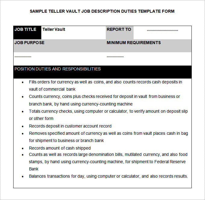 teller vault job description template