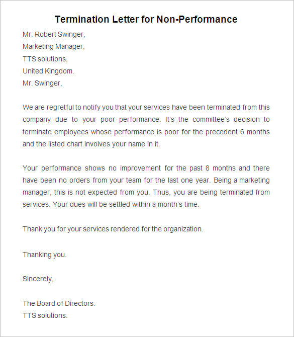 termination letter for non performance