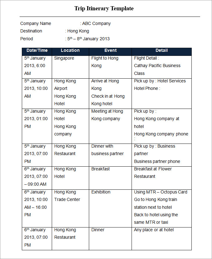 Excel Trip Itinerary Template