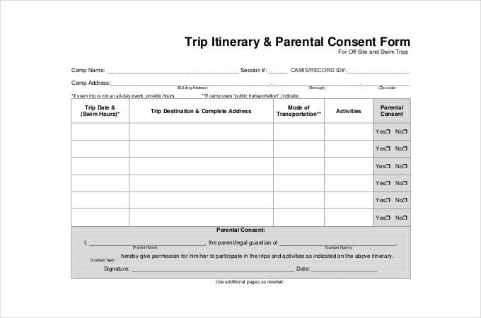 trip itinerary parental consent form