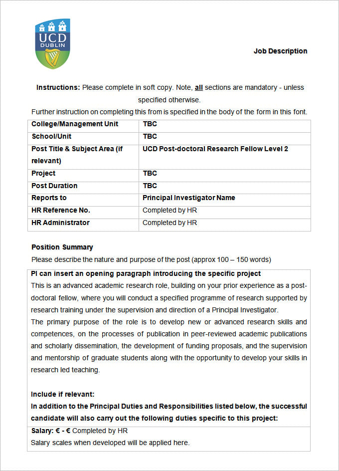 ucd postdoctoral researcher job description template