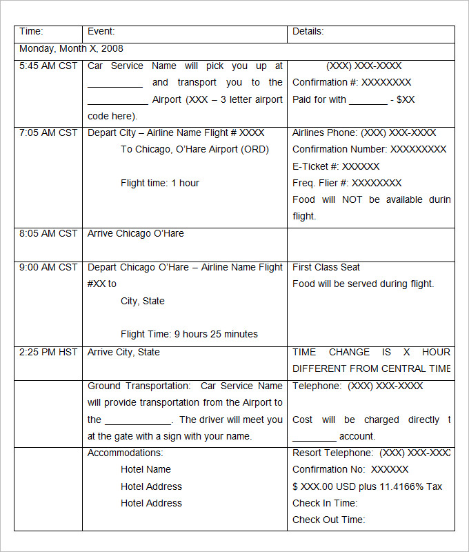 Holiday Itinerary Template Word