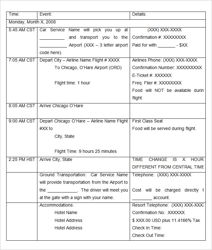Holiday Itinerary Template Word DocTemplates