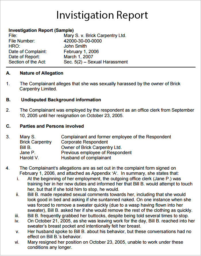 hr investigation summary template