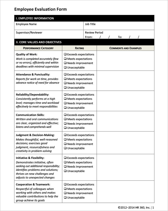 17 HR Evaluation Forms HR Templates