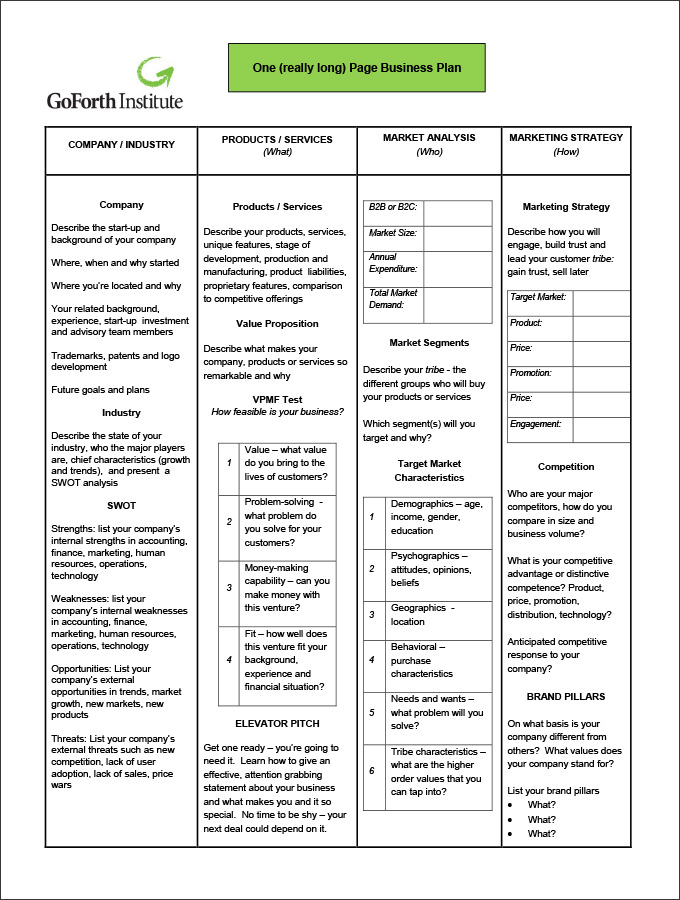 one page business plan template free download