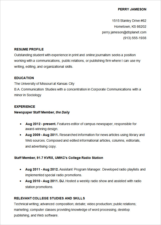 resume sample college student academic