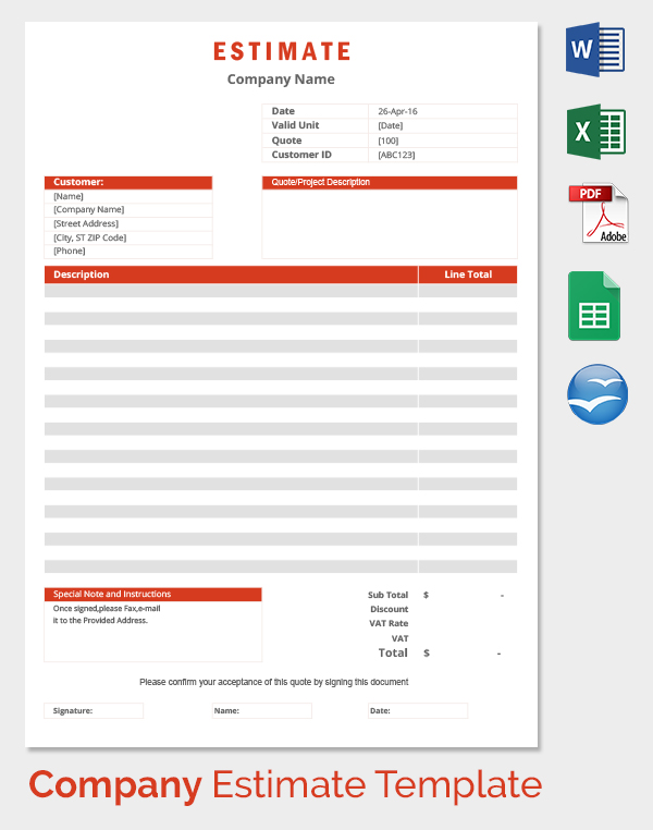 26 blank estimate templates pdf doc excel odt free