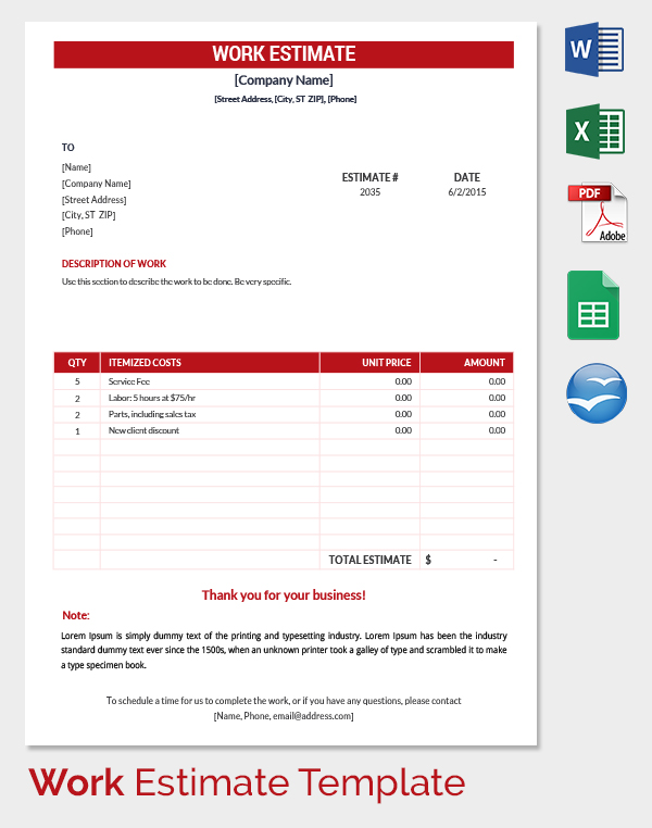 Work Estimate Template Word