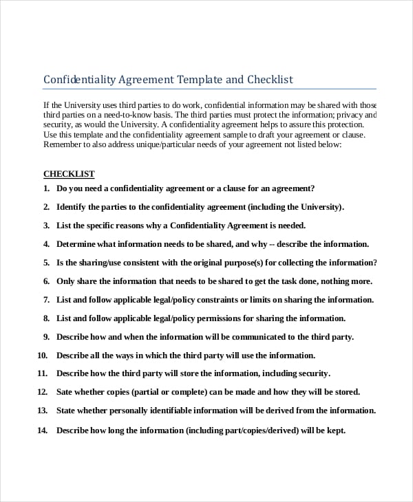 sample basic confidentiality agreement template and checklist