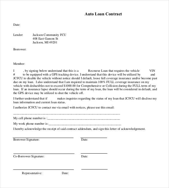 basic auto loan contract download