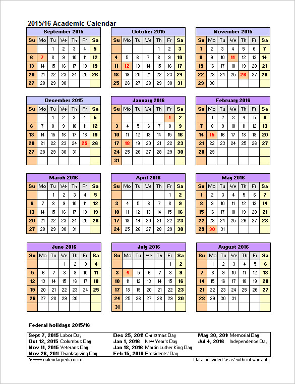 academic calendar 2015 16 in microsoft excel