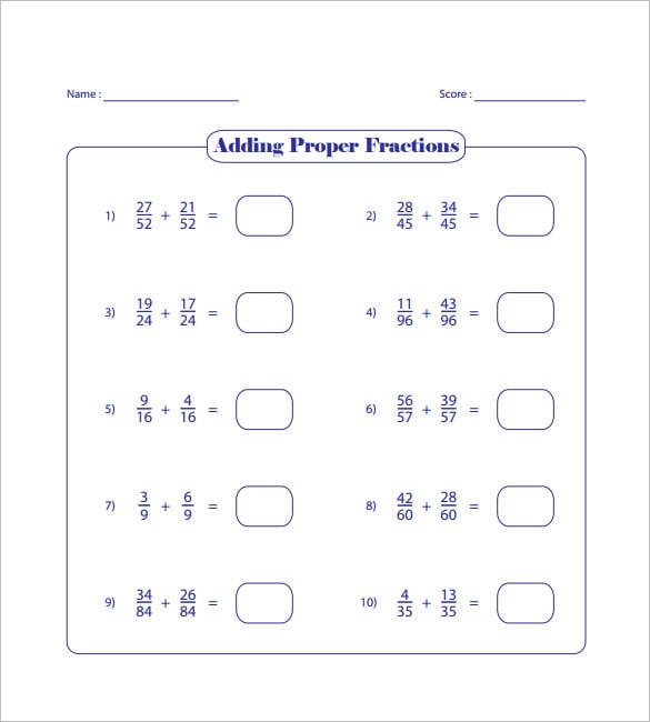 addition of fractions worksheet