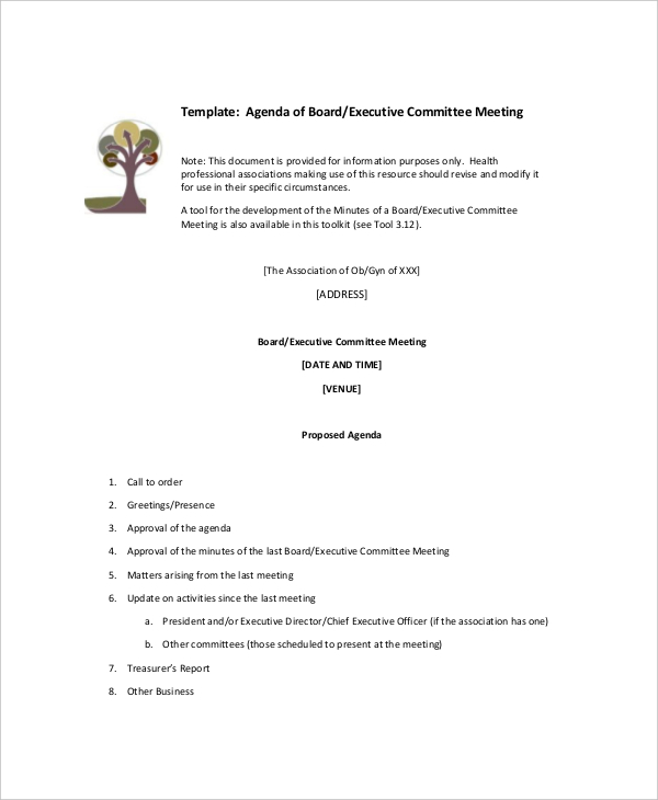 agenda board executive committee meeting sample