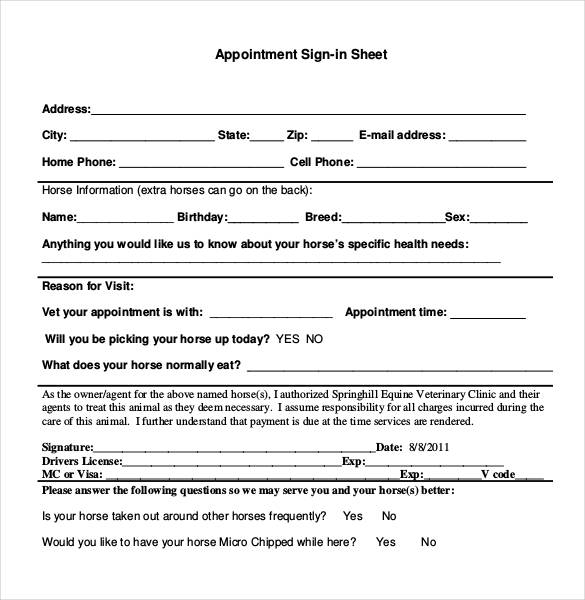 appointment sign in sheet