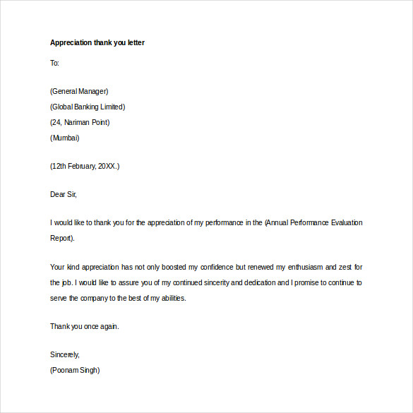 Thank You Letter for Appreciation 19+ Free Word, Excel, PDF Format