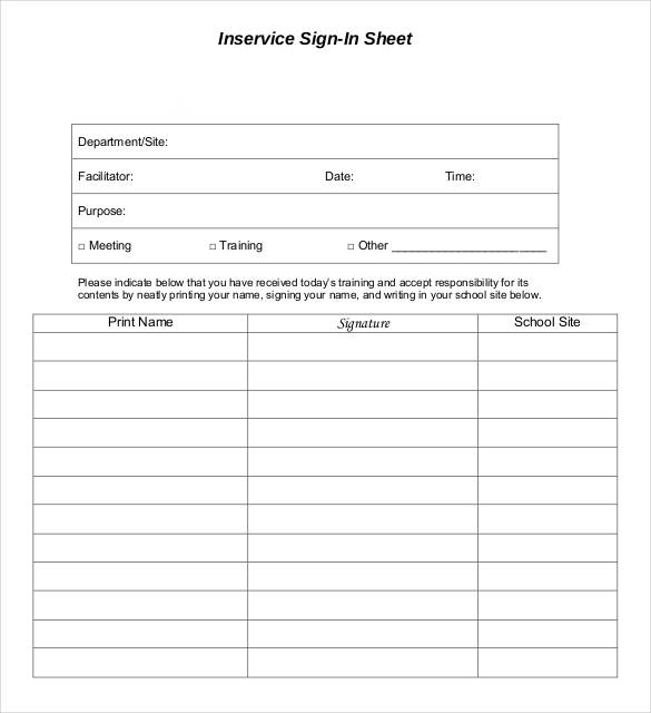 basic inservice sign in sheet