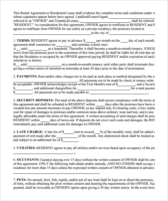 basic residential rental or lease agreement