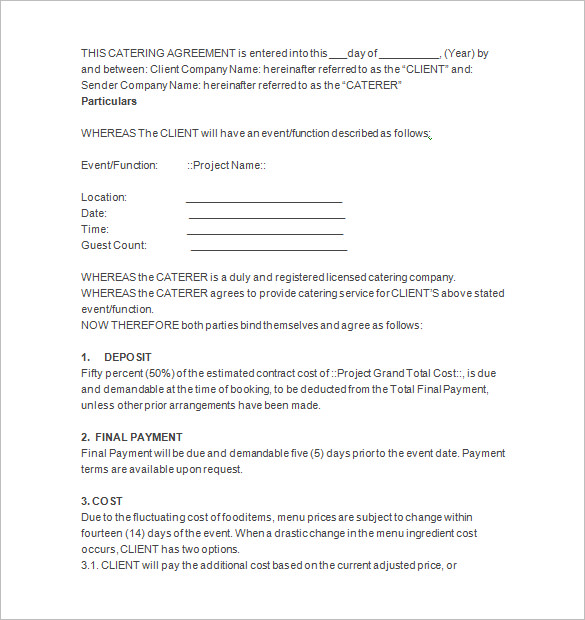 Sample Catering Contract Pdf