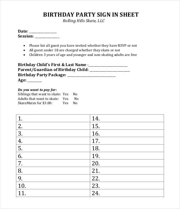 birthday party sign in sheet