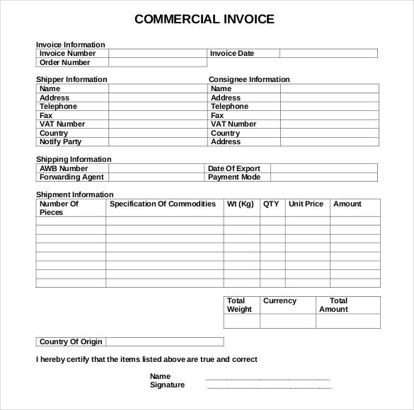 blank commercial invoice template sample download