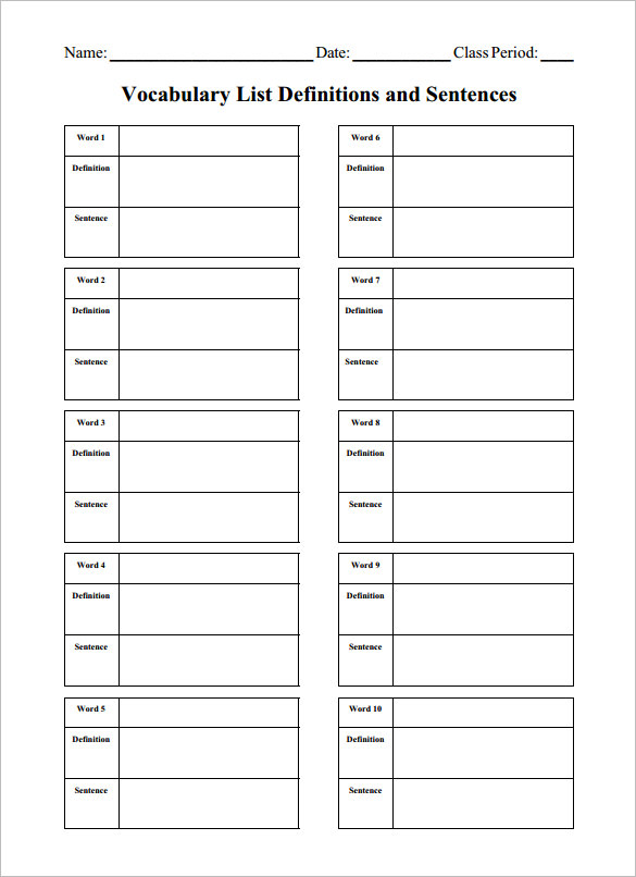 8 blank vocabulary worksheet templates word pdf free premium