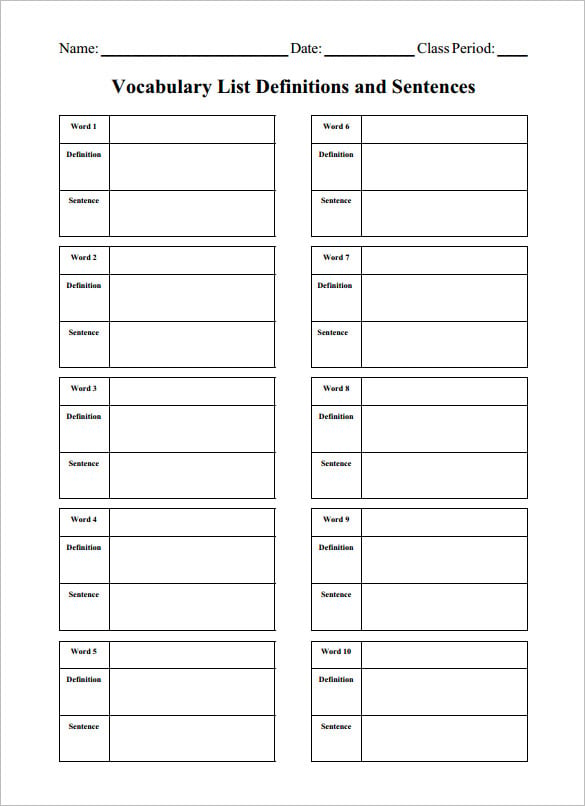 Printable Blank Vocabulary Worksheet Template Free Printable Templates