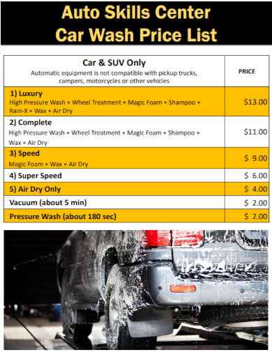 car wash price list