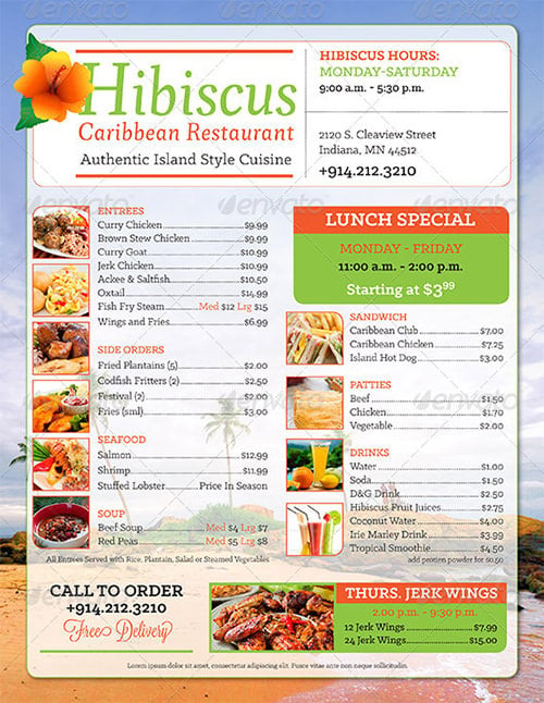 caribbean restaurant take out menu template