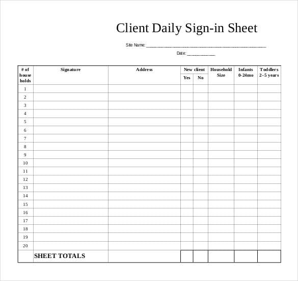 client daily sign in sheet