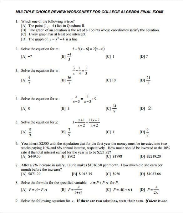 College Math Practice Sheets
