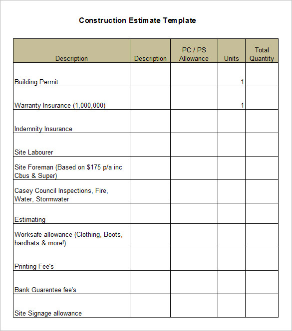 How do you create a construction estimate sheet?